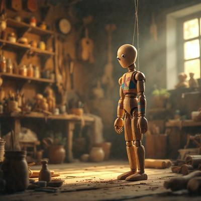 The primary subject of the image is a wooden robot standing in a workshop. The setting is a room filled with various tools, pots, and pans, creating a workshop-like atmosphere. The visual style appears to be a combination of photo and digital art, as the robot is depicted in a realistic manner while the background features a mix of textures and patterns. The colors and mood of the image are predominantly dark, with the wooden robot being the main focal point.